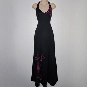 Masquerade Black Pink Floral Embroidered Halter Corset Back Gown Dress